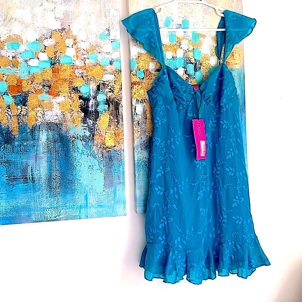 NWT Betsey Johnson turquoise n teal mini shift dress flounce ruffle embroidered